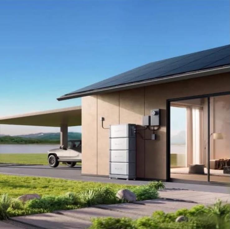 Casa con panel solar, batería y carro bajo cochera solar — Energías Alternas